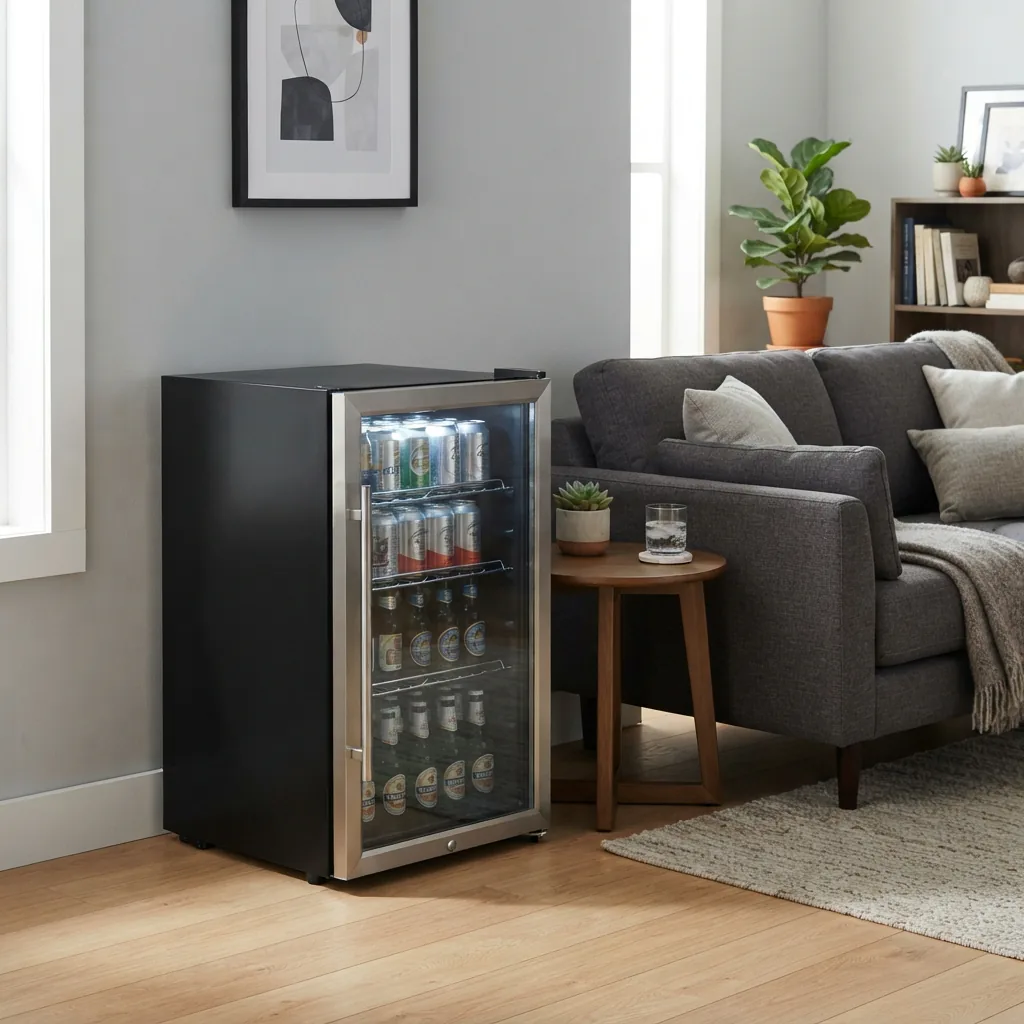 A freestanding beverage cooler positioned next to a sofa in a modern living room.