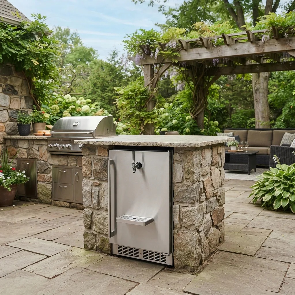 An outdoor-rated kegerator built into a patio kitchen island.