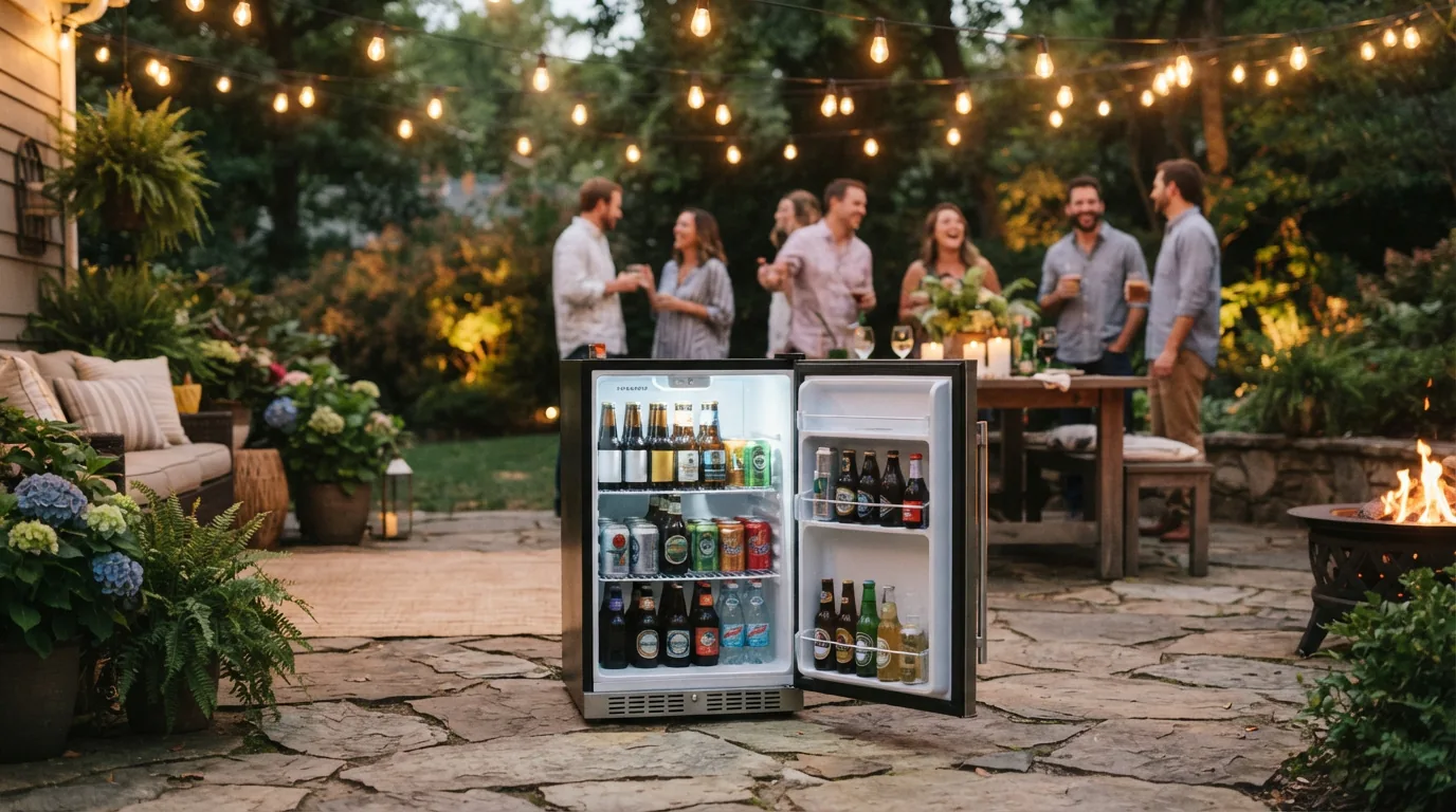 The EdgeStar Outdoor Party Mini Fridge on a stone patio during an evening gathering.