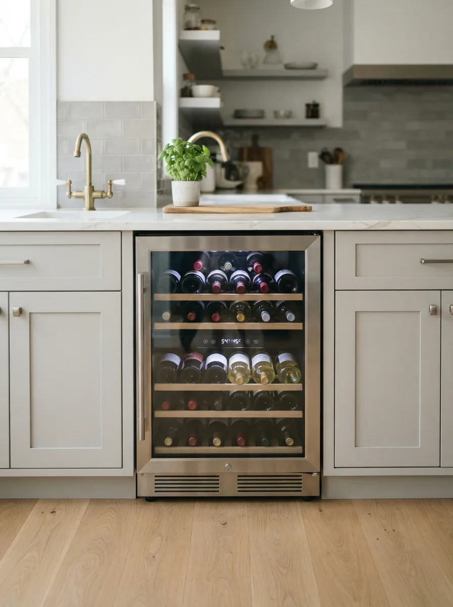 A modern kitchen with a sleek wine cooler integrated into the cabinetry