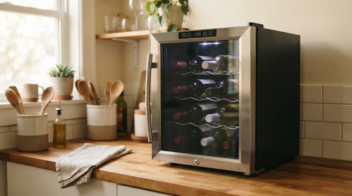 Compact EdgeStar 12 bottle wine cooler on a countertop
