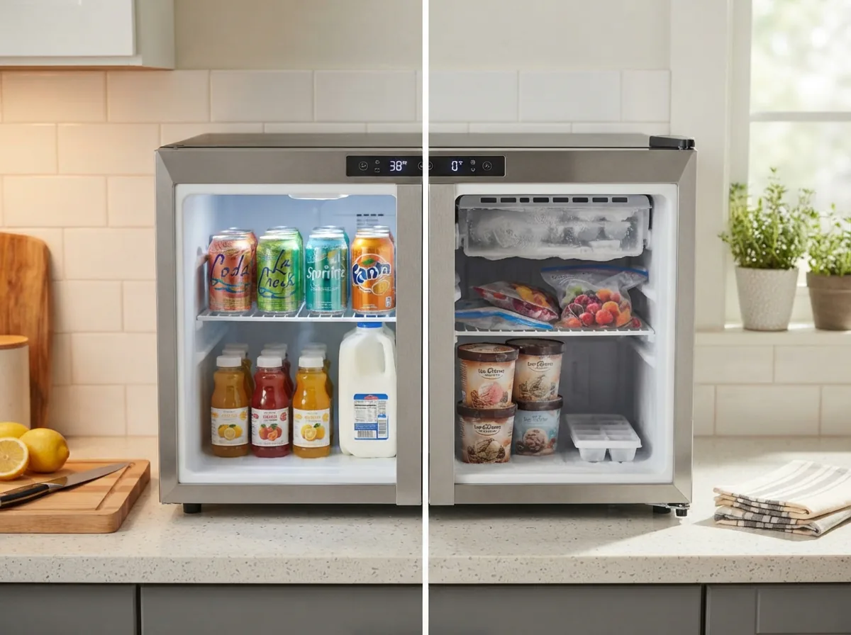 EdgeStar convertible refrigerator/freezer shown in both fridge and freezer modes.