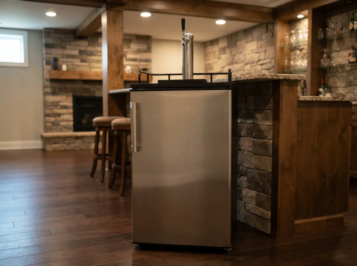 A stainless steel EdgeStar BR7001 kegerator conversion refrigerator standing in a basement.