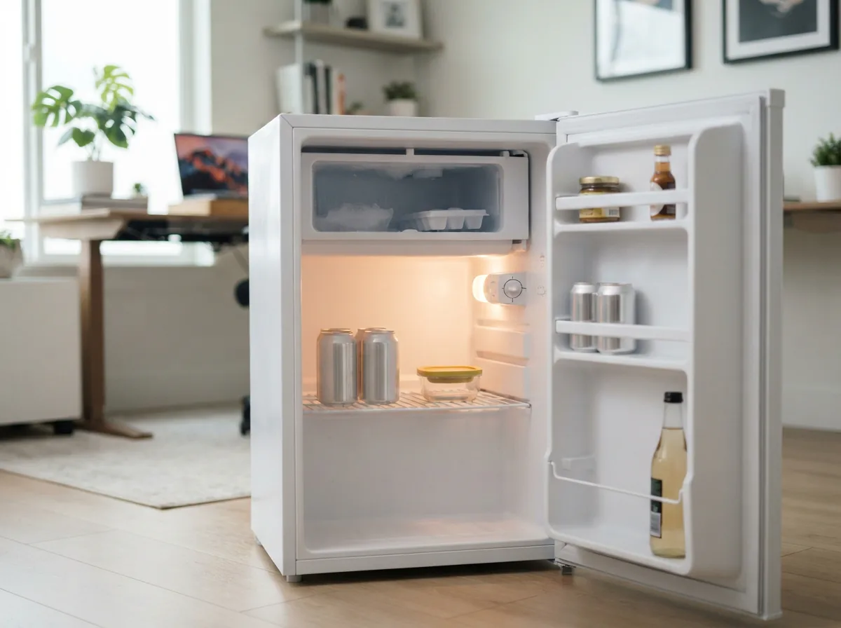 The EdgeStar 2.5 Cu. Ft. Mini Fridge with its door open, revealing the main shelf and the separate freezer compartment inside.