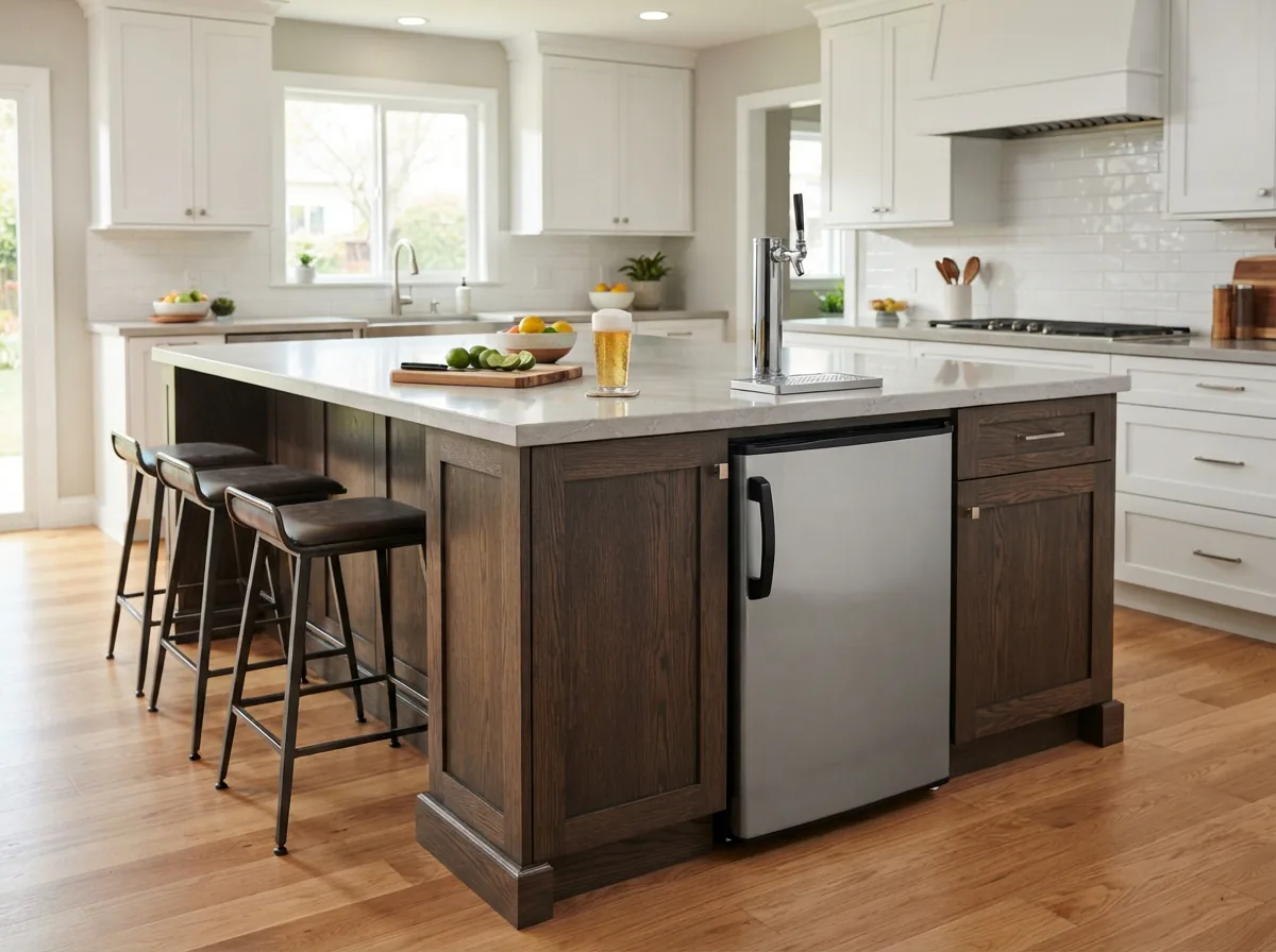 The EdgeStar KC1500SS 15 Built-In Kegerator installed under a countertop in a kitchen island.