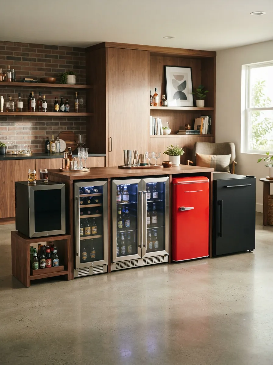 A collection of various EdgeStar mini fridges arranged in a modern, organized space.
