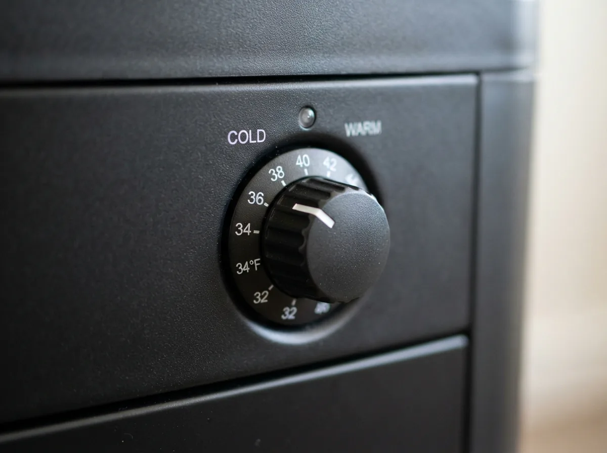 Close-up of the EdgeStar KC2000 kegerator's temperature control dial set to 34 degrees.