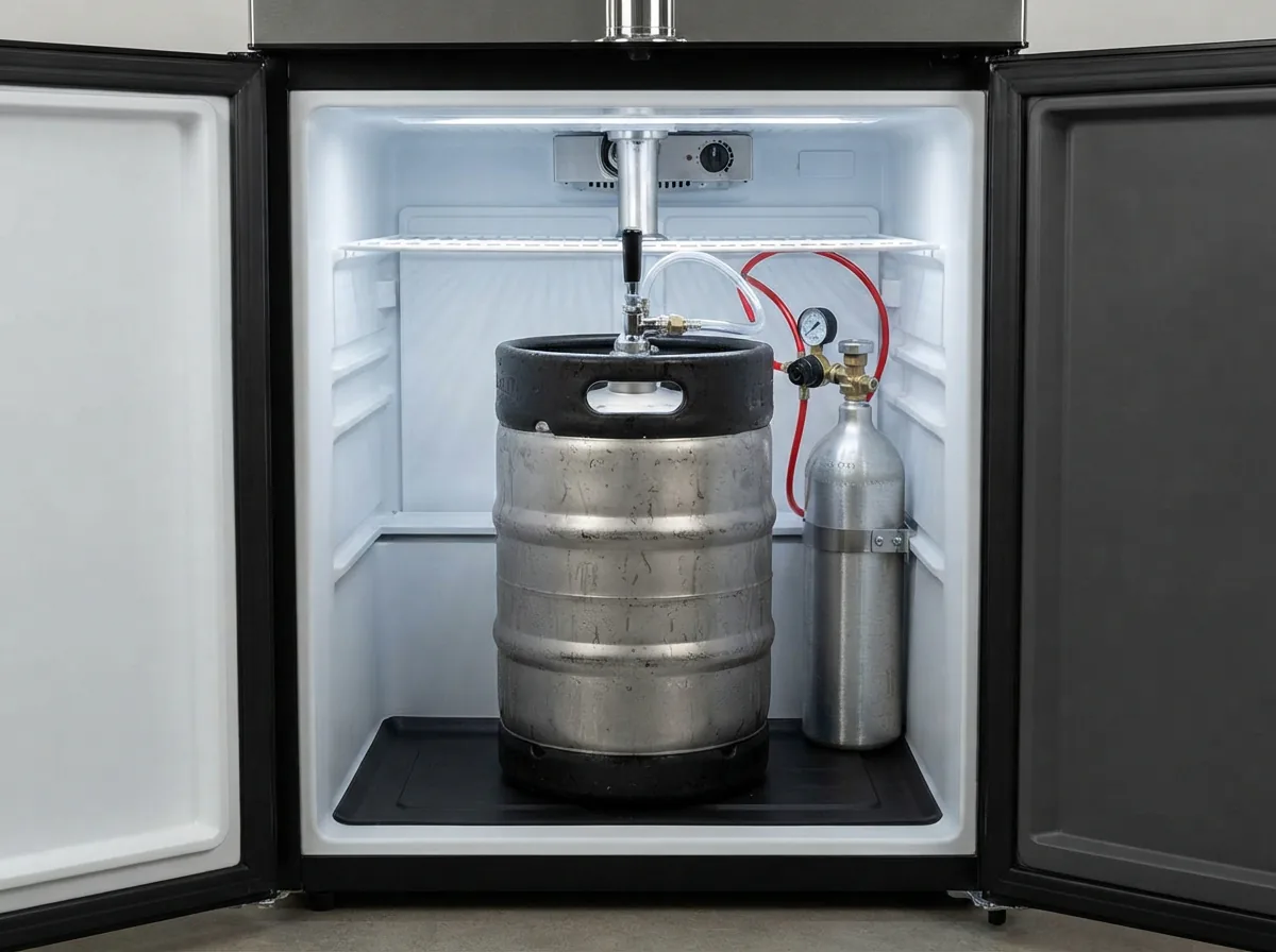 The interior of the EdgeStar KC2000 kegerator holding a standard half-barrel keg with CO2 equipment connected.