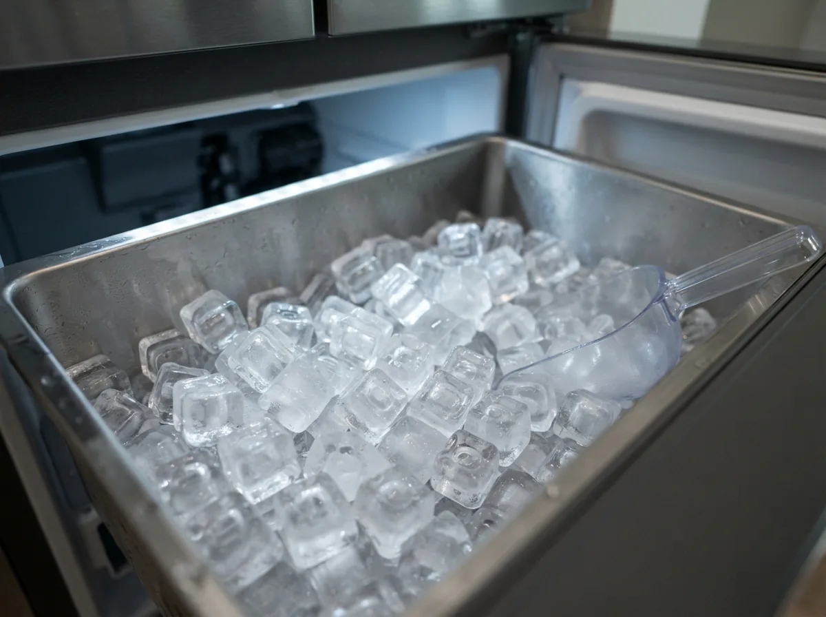 A close-up view of the interior ice storage bin of an undercounter ice maker, filled with clear, crescent-shaped ice cubes.