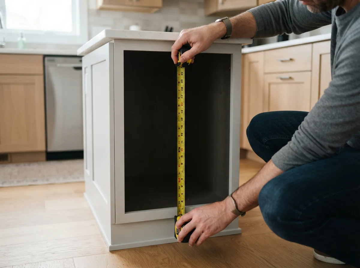 A person measuring the under-counter space in a kitchen for a new appliance