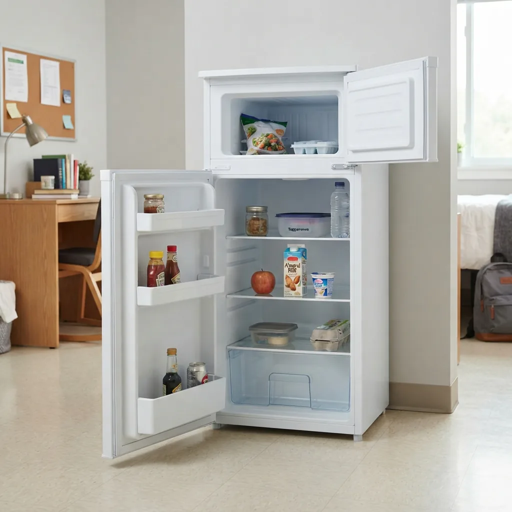 A compact fridge-freezer combo unit with its door open.