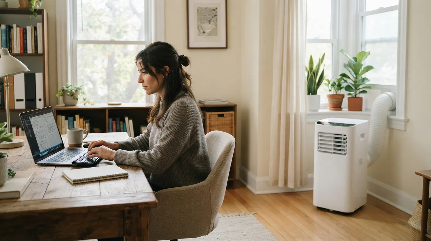 A compact EdgeStar 8,000 BTU portable air conditioner in a quiet home office.