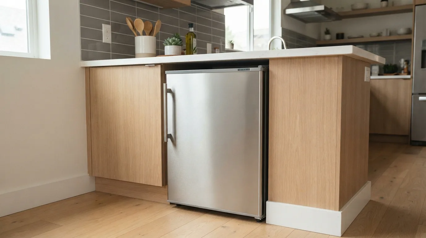 EdgeStar CWF321SS compact freezer in a modern apartment kitchen.