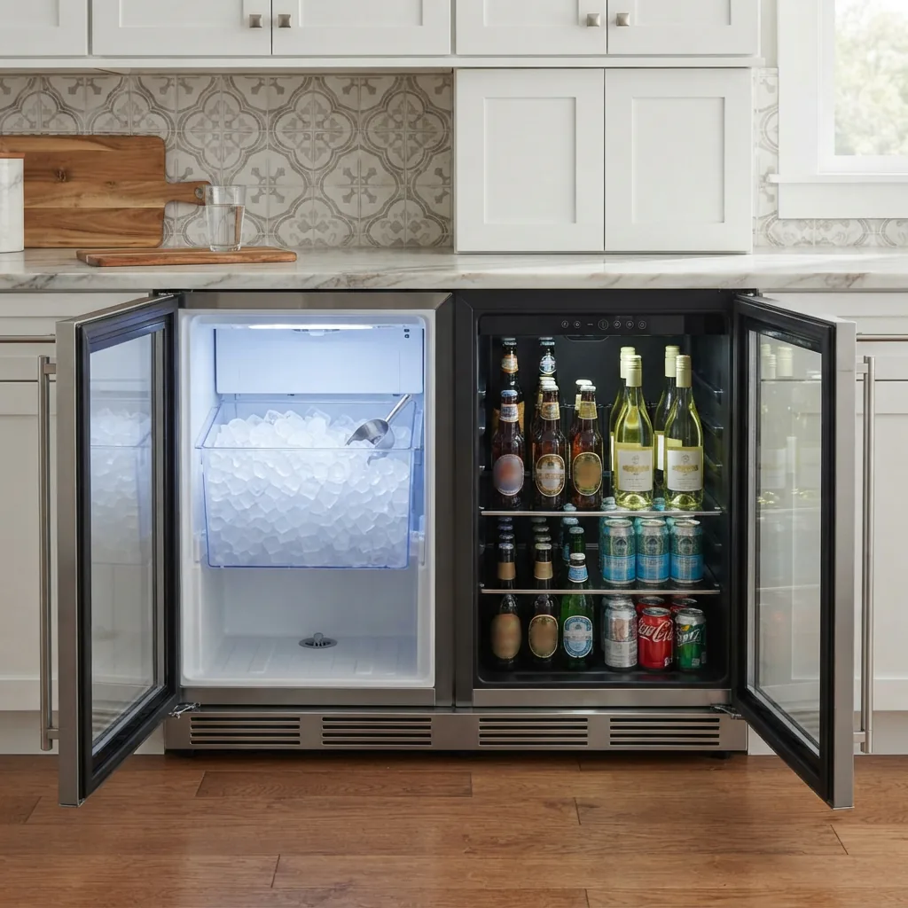 A dual-zone undercounter unit with one side producing ice and the other side storing bottled beverages.