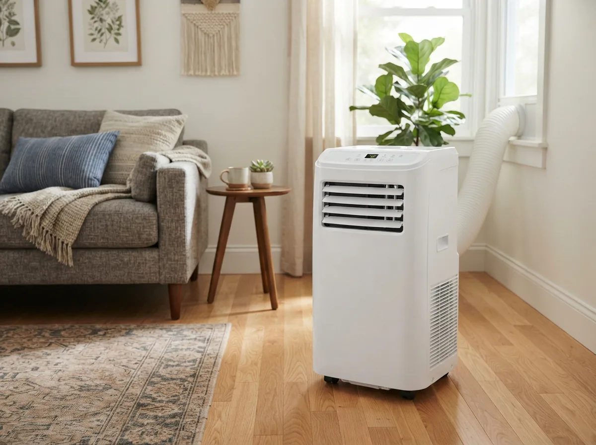 A white EdgeStar portable air conditioner with push-button controls in a living room.