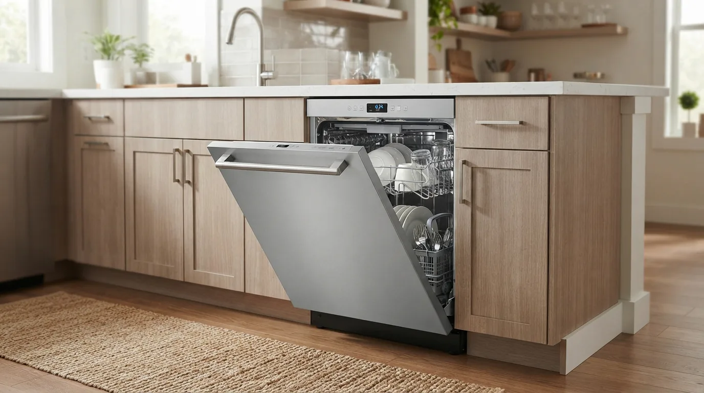 An Energy Star certified EdgeStar 18-inch built-in dishwasher with eight place setting capacity