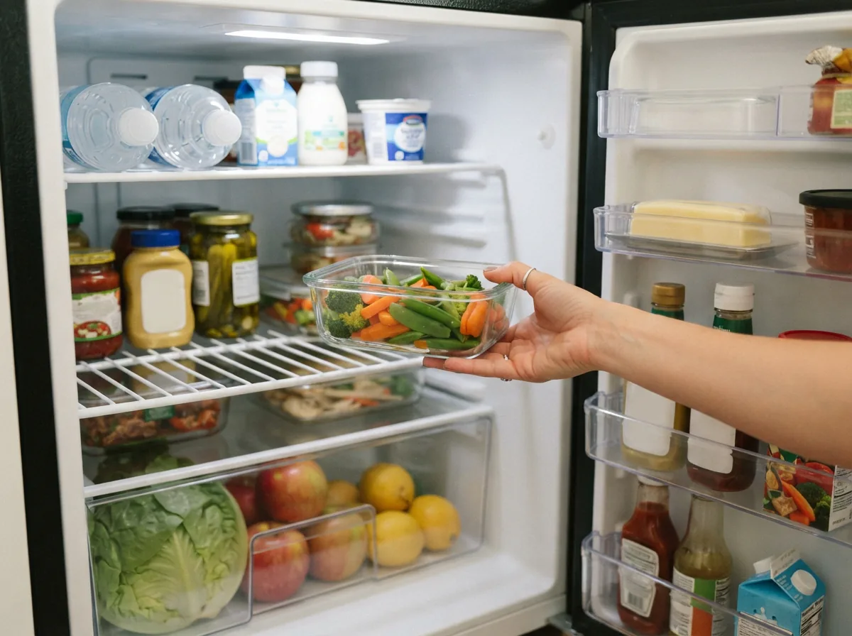 A person placing a glass container on a shelf inside a compact refrigerator.