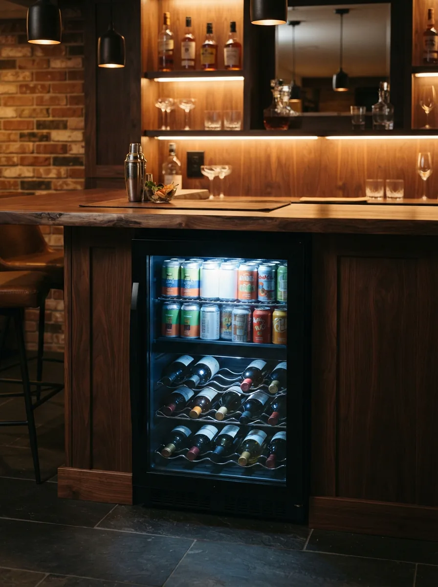 A sleek EdgeStar beverage cooler filled with assorted drinks, positioned in a modern home entertainment space.