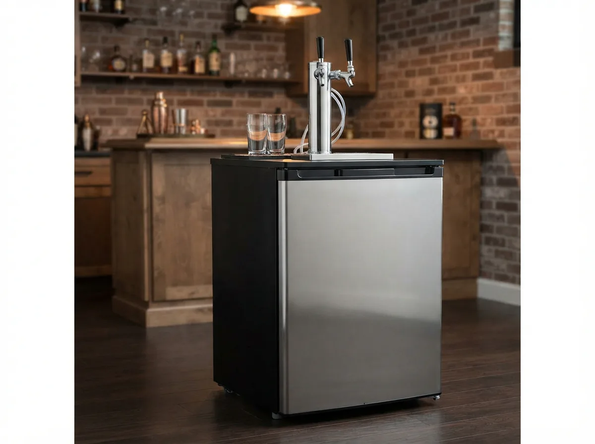 The EdgeStar KC2000 Twin Kegerator with its stainless steel draft tower, set against a stylish home bar backdrop.