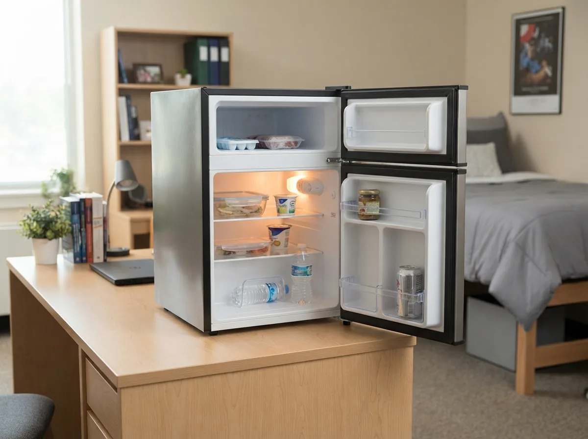 EdgeStar CRF321SS compact fridge/freezer in a dorm room setting.