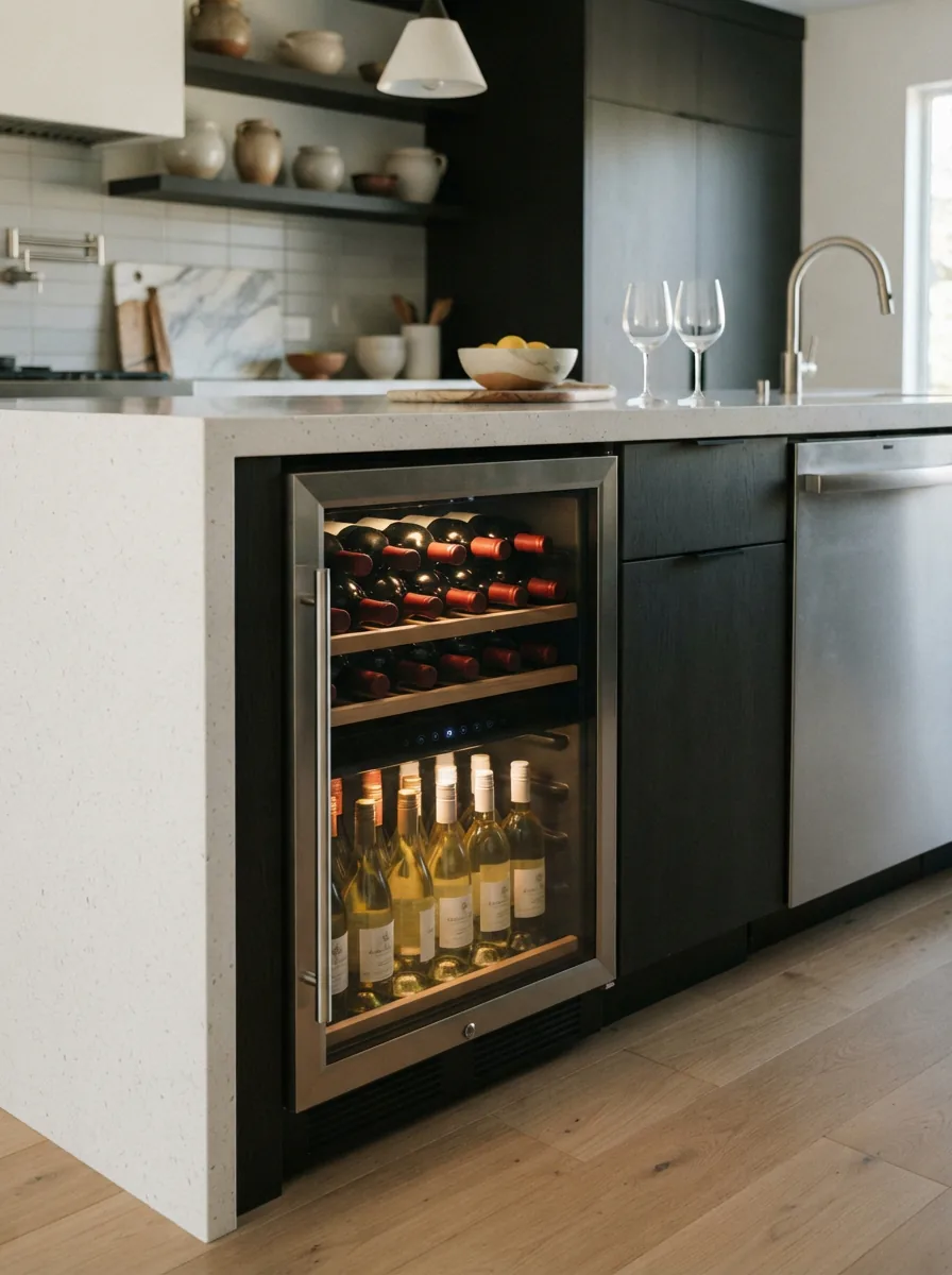 Modern kitchen with a built-in EdgeStar dual zone wine cooler installed under a counter, its interior softly lit