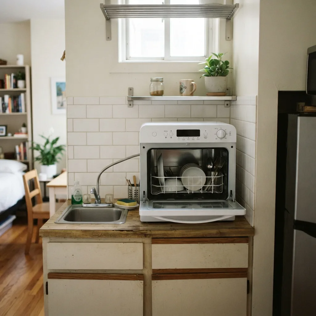 A compact countertop dishwasher fitting on a very small kitchen counter