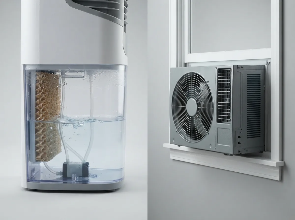 A side-by-side comparison of a portable air cooler's water tank and a traditional air conditioner's vent