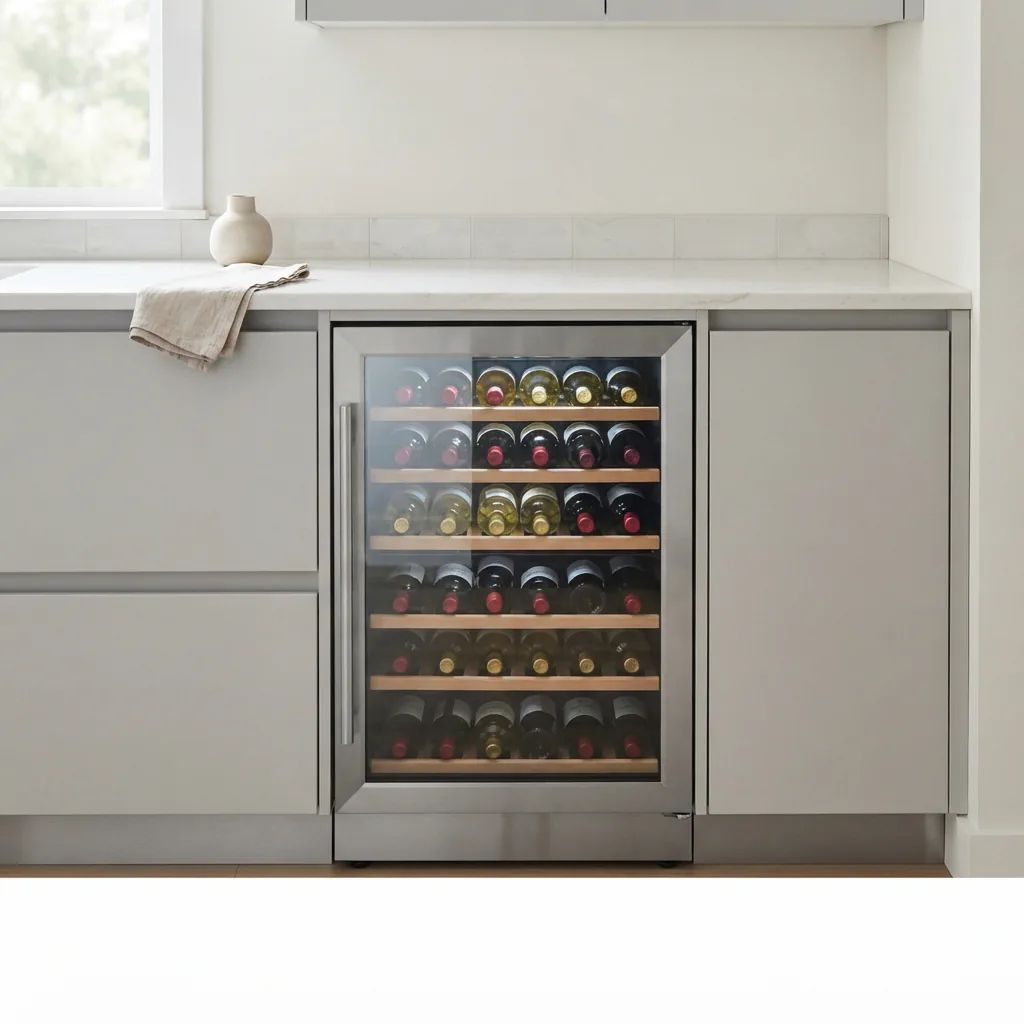 Built-in wine cooler installed flush within a row of kitchen cabinets