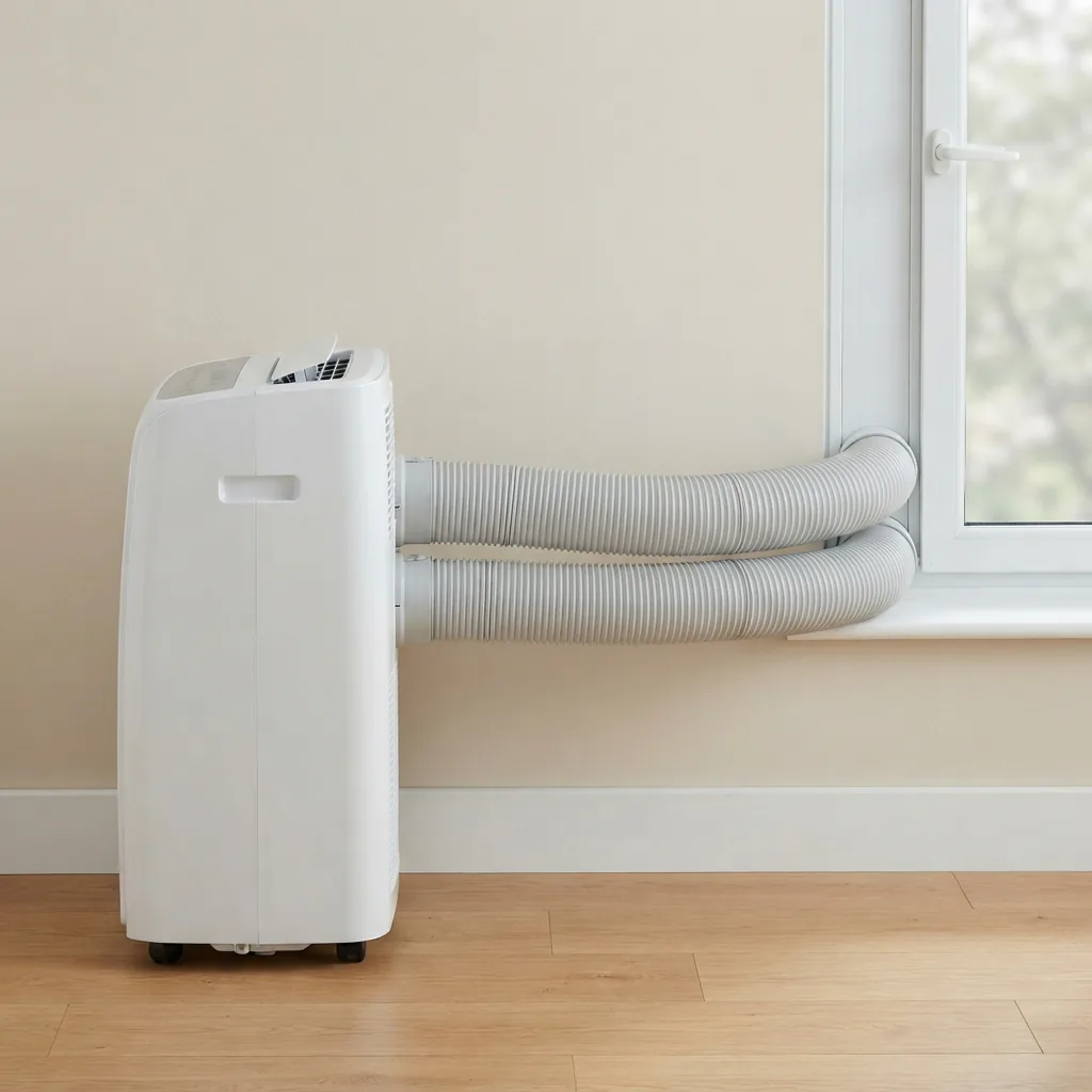 A side-view of a dual-hose portable air conditioner showing the two distinct hoses connecting to a window