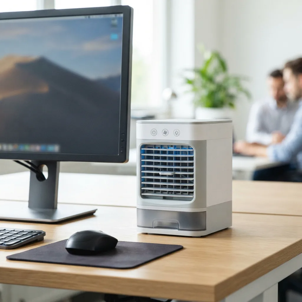 A small, desktop-style personal air cooler on a modern office desk