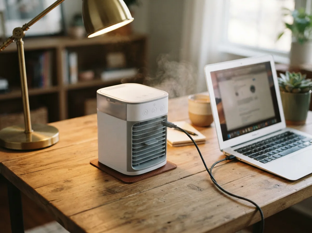 A compact EdgeStar USB-powered personal air cooler on a wooden desk next to a laptop
