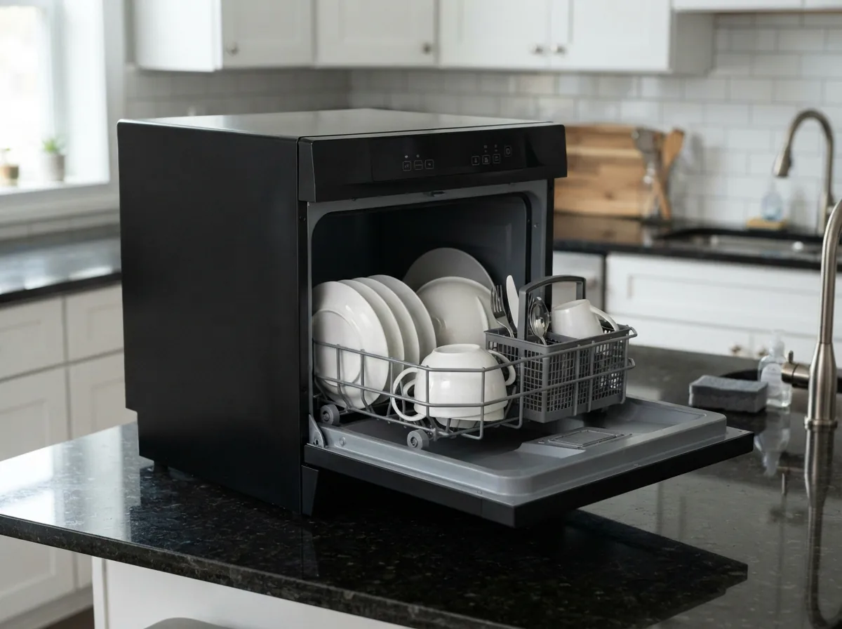 EdgeStar DWP63 Black countertop dishwasher in a kitchen setting