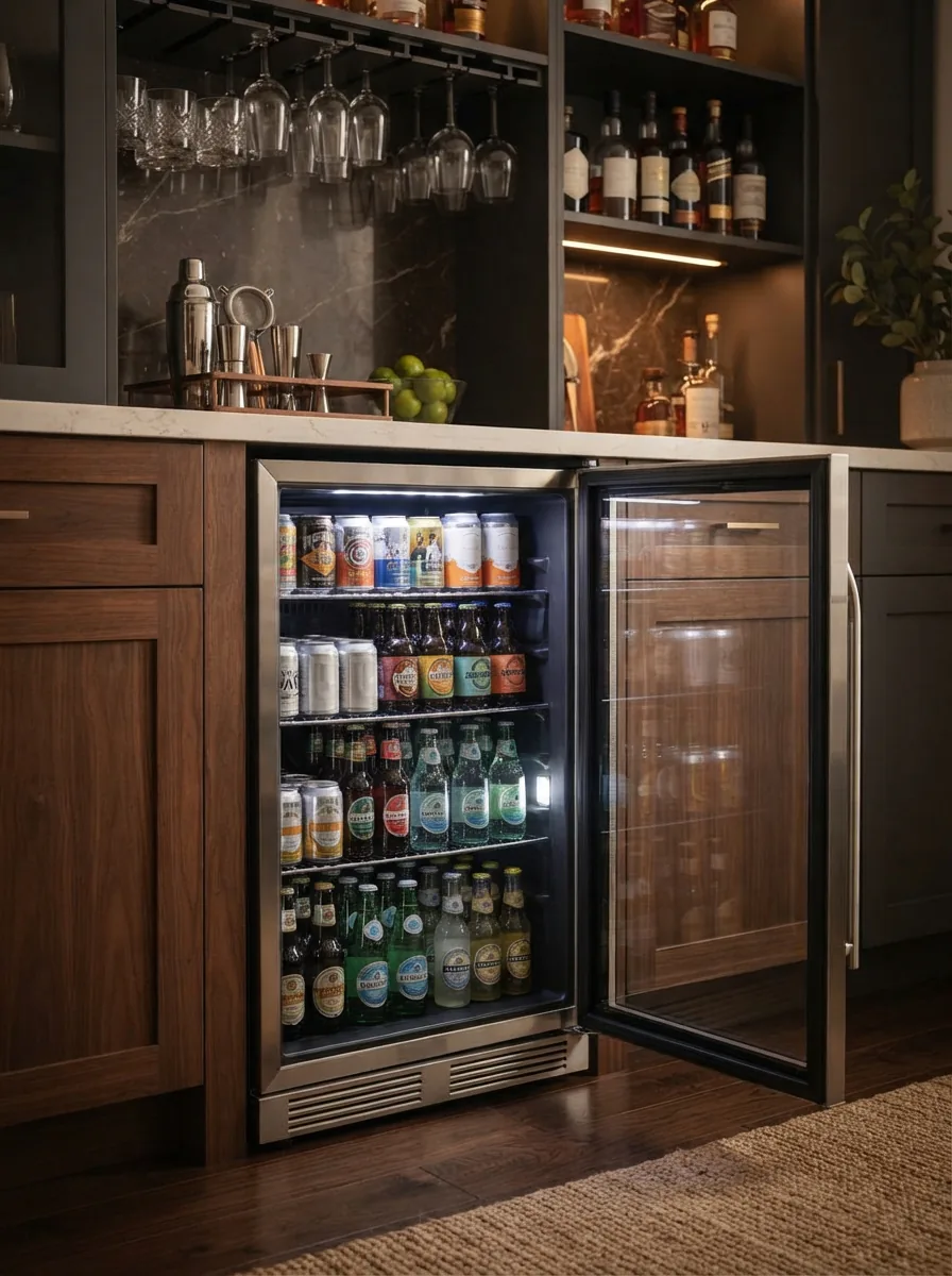 A sleek EdgeStar beverage cooler stocked with assorted drinks in a modern home bar setting.