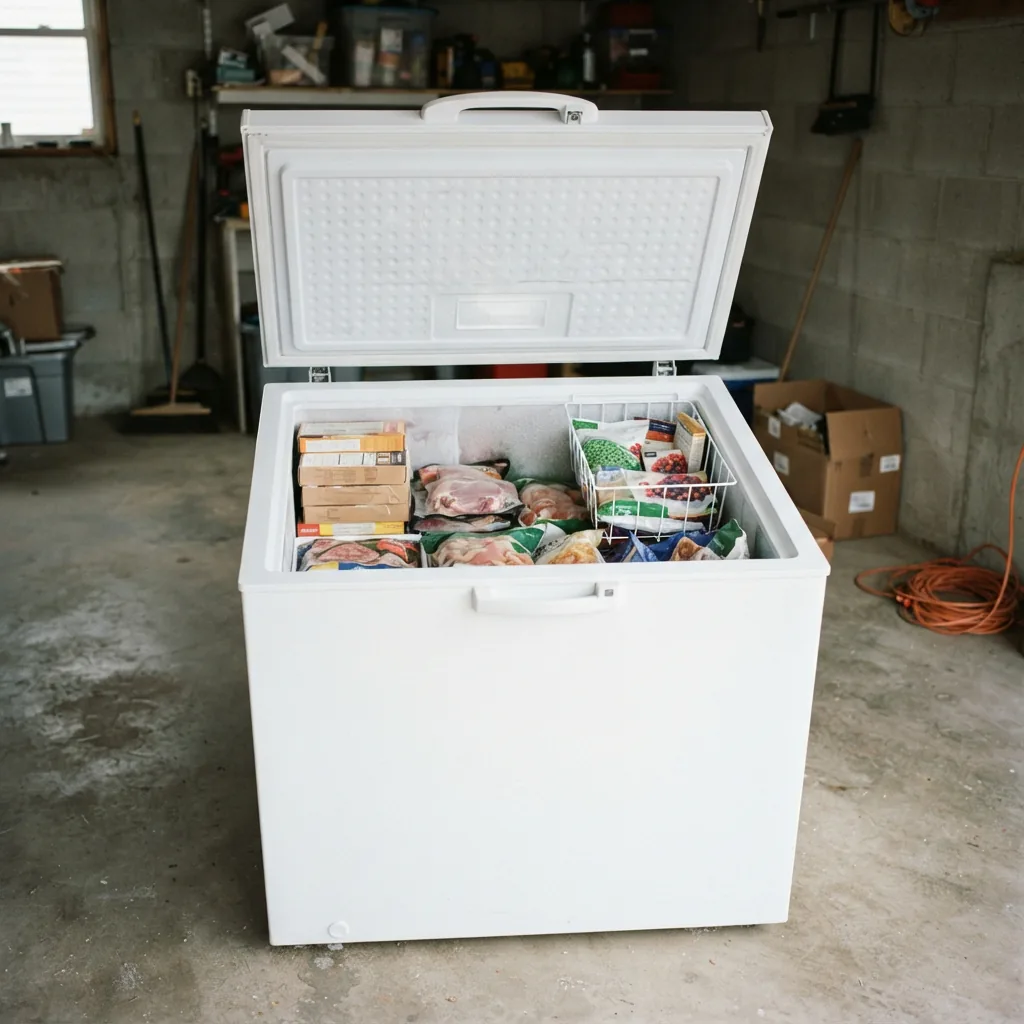A chest freezer with its lid open, showing deep storage capacity.