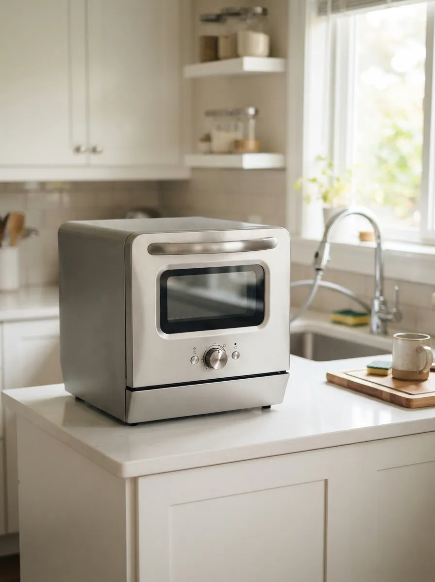 A sleek EdgeStar countertop dishwasher positioned on a modern kitchen countertop next to a sink