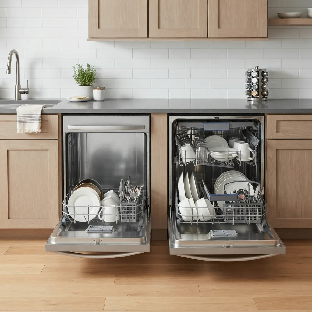 A visual comparison of 18-inch and 24-inch dishwasher widths in a kitchen setting