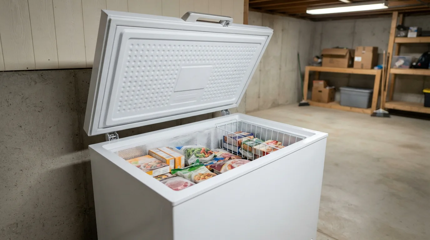EdgeStar 5.5 Cu. Ft. chest freezer in a basement setting.