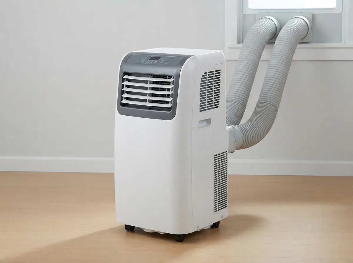 The featured EdgeStar Extreme Cool 14,000 BTU dual-hose portable air conditioner and heater unit.