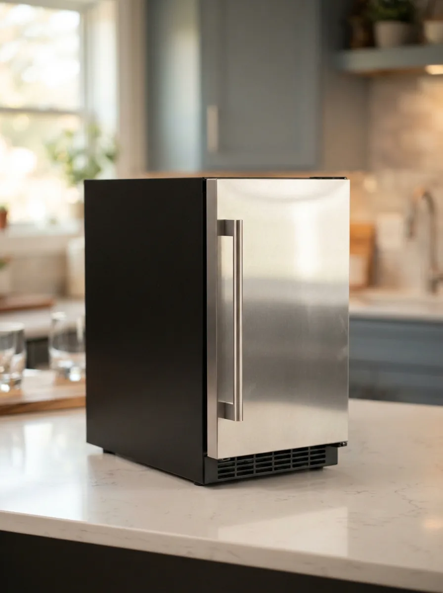 Hero shot of the EdgeStar IB120SS ice maker in a lifestyle kitchen setting.
