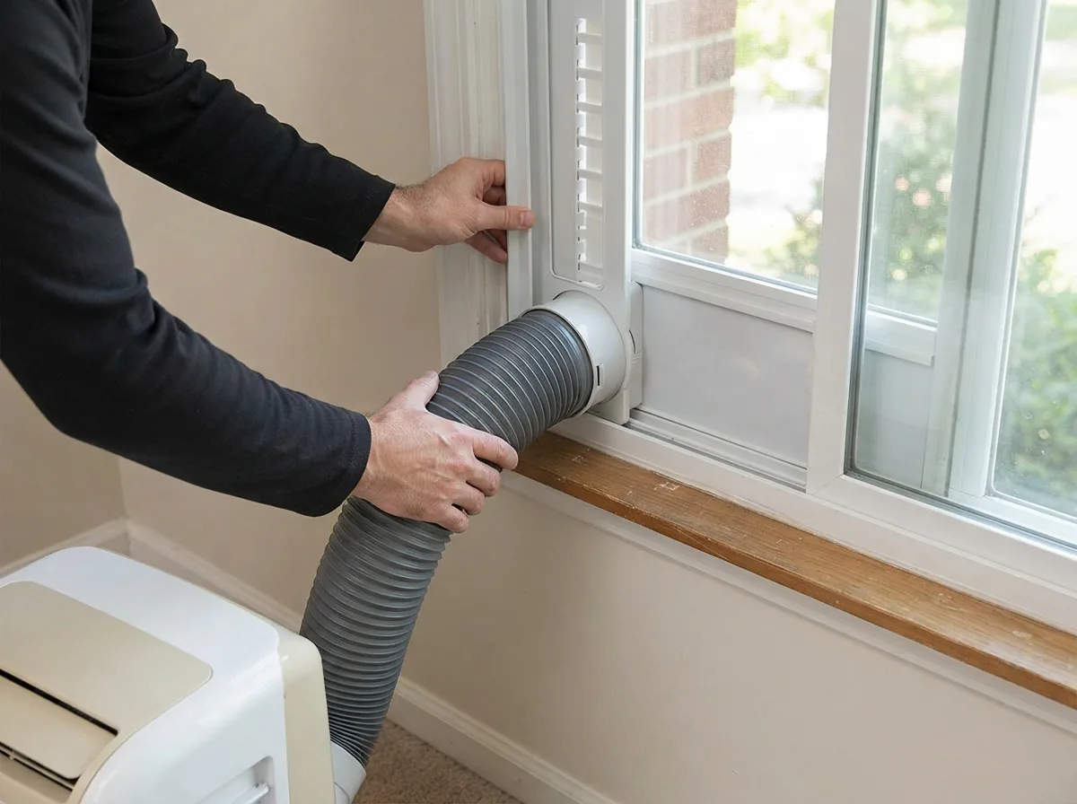 A person easily installing a window vent kit for a portable air conditioner.