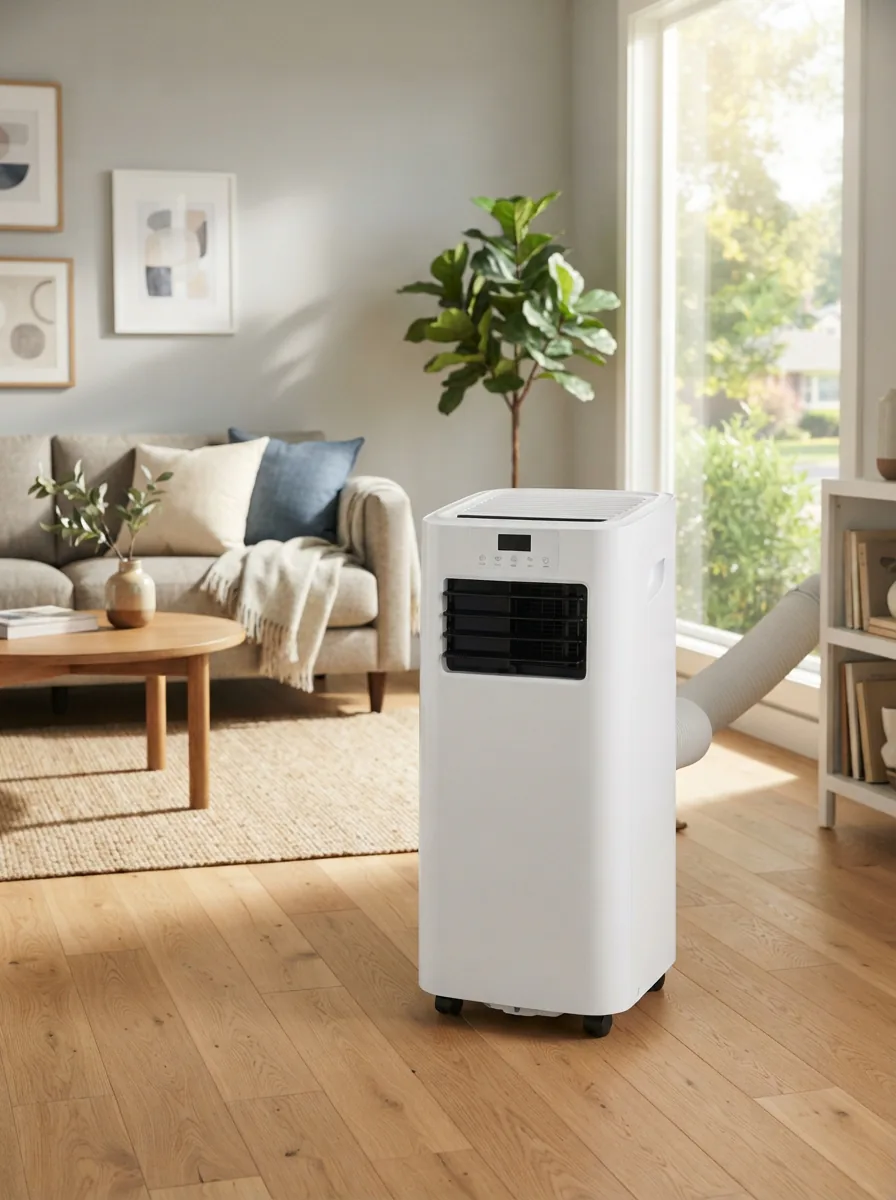A sleek EdgeStar portable air conditioner positioned in a modern, comfortable living room setting