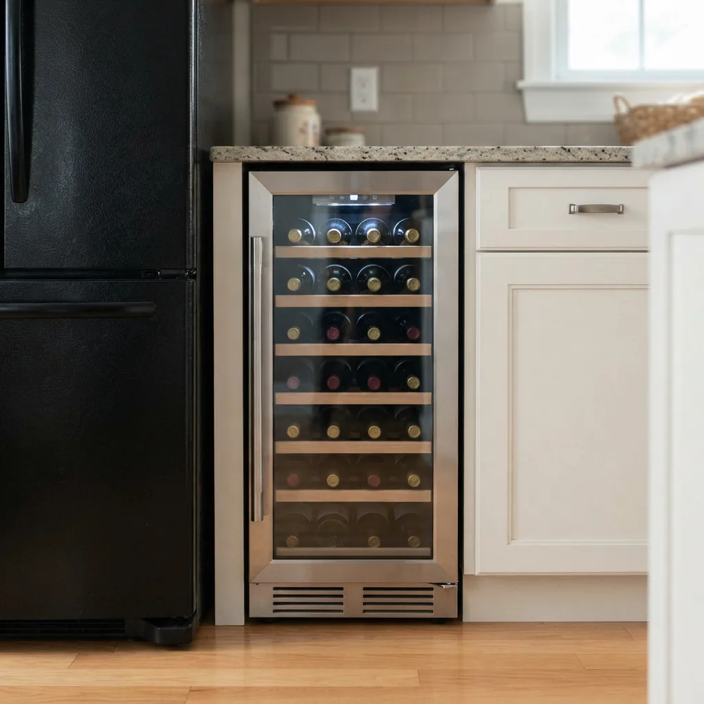 A slim wine cooler installed in a narrow kitchen space