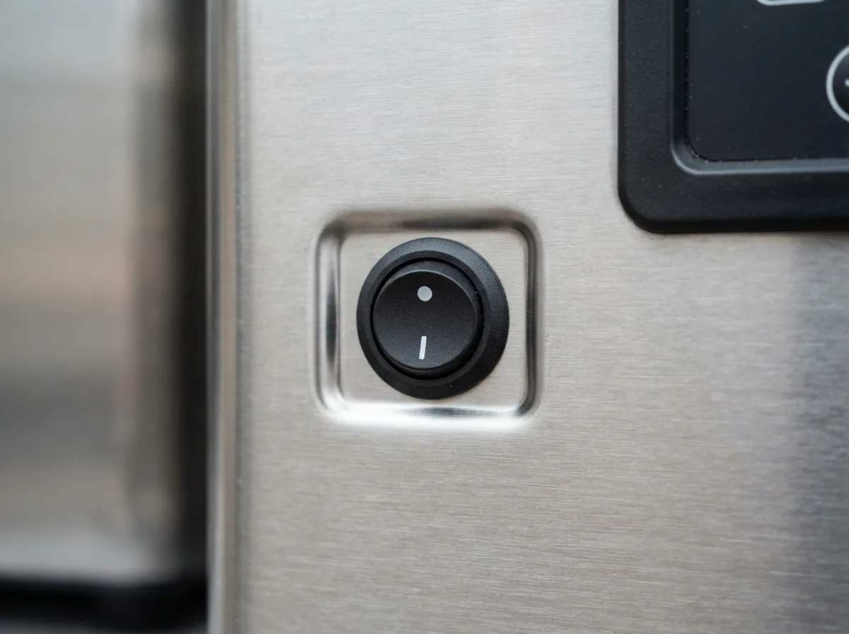 Close-up of the ice maker's control panel showing the simple on/off switch.