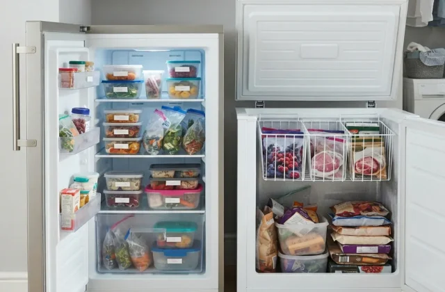 Open compact freezers revealing organized interiors with adjustable shelves and baskets.