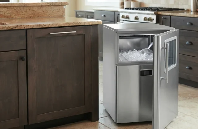 An undercounter ice maker installed flush within a modern kitchen cabinet, beside a freestanding model on a kitchen floor.