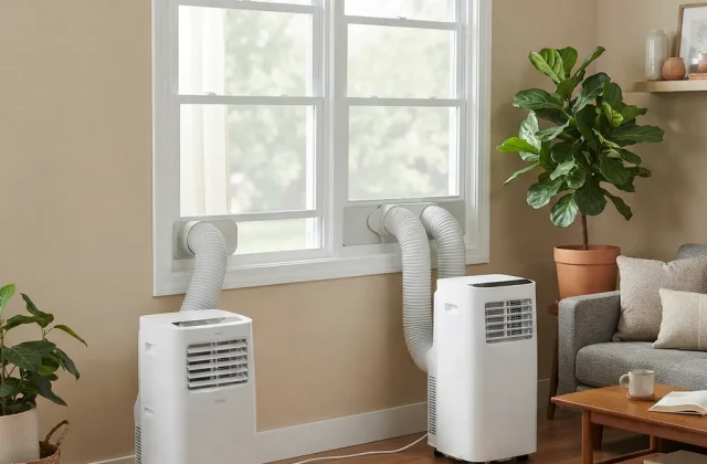 Side-by-side comparison of single-hose and dual-hose portable air conditioner setups installed in a window.
