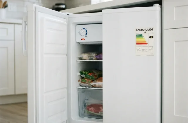 A compact freezer with its temperature control dial and energy label visible.