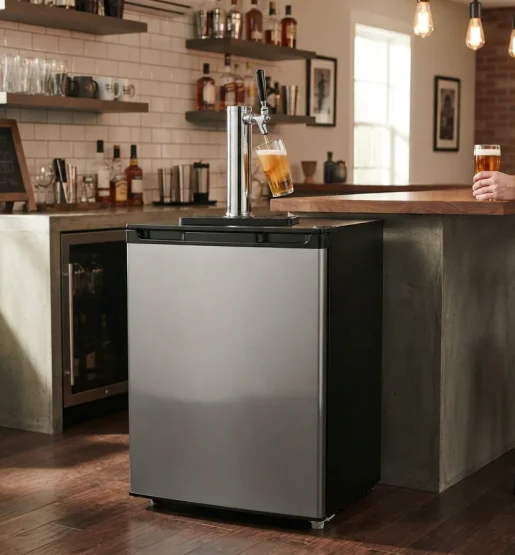The EdgeStar KC2000 kegerator fully assembled and ready for use in a home bar setting.
