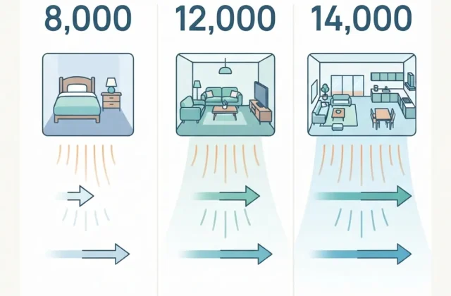 Diagram comparing BTU ratings and room sizes for portable air conditioners.