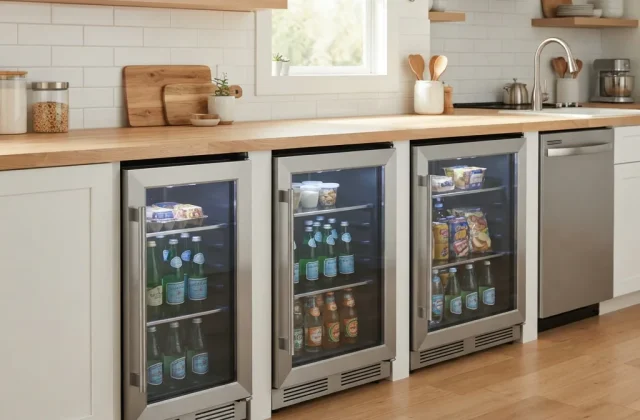 A row of compact refrigerators of different widths in a modern kitchen setting.